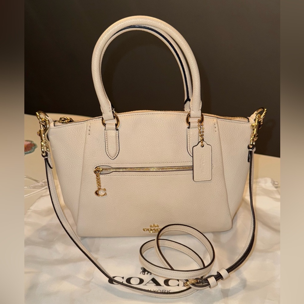 Coach Elise Polished Pebble Leather Satchel Chalk White Gold Hardware Dust Bag